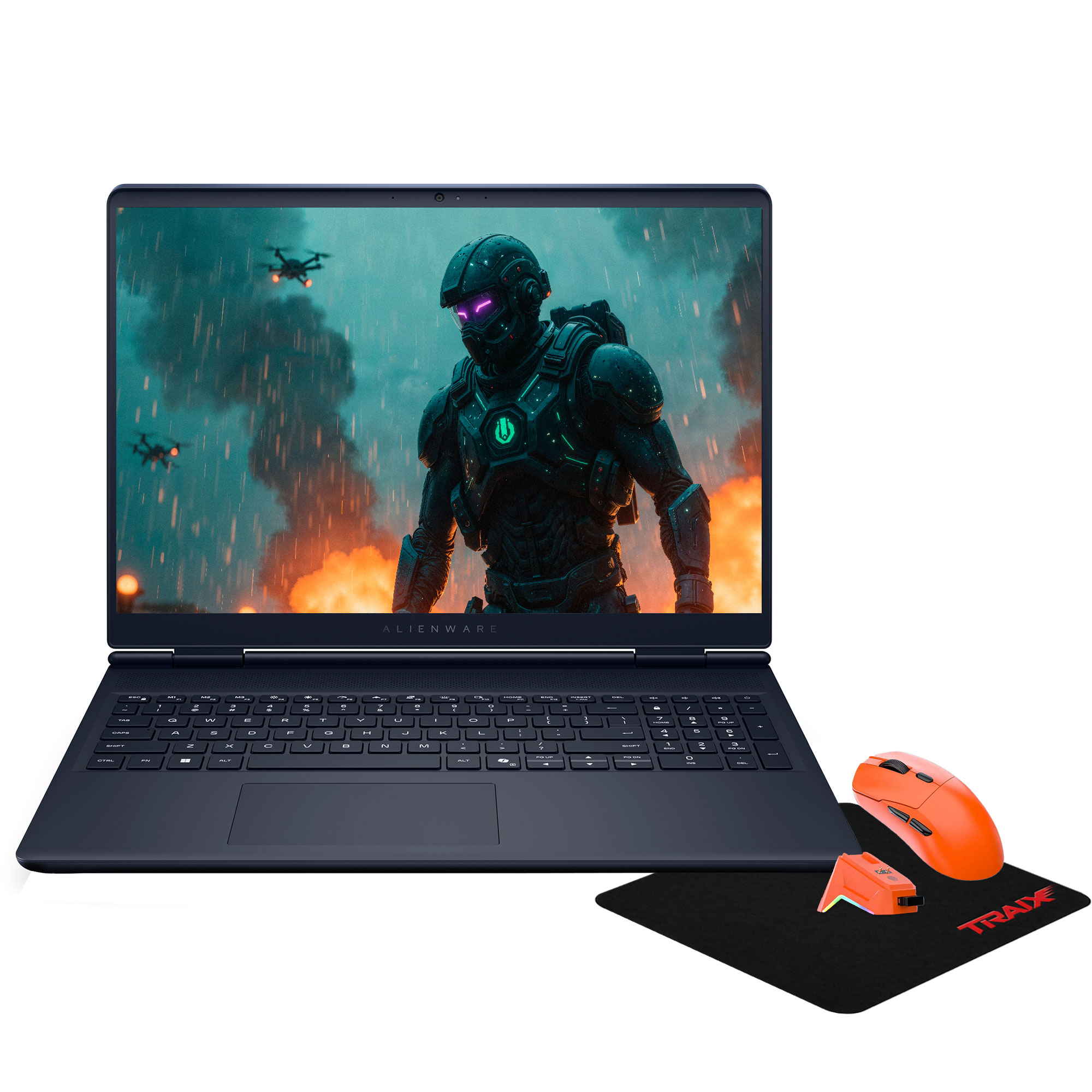 Oyun sahnesi gösteren açık bir Alienware dizüstü bilgisayar, fare ve fare altlığı.