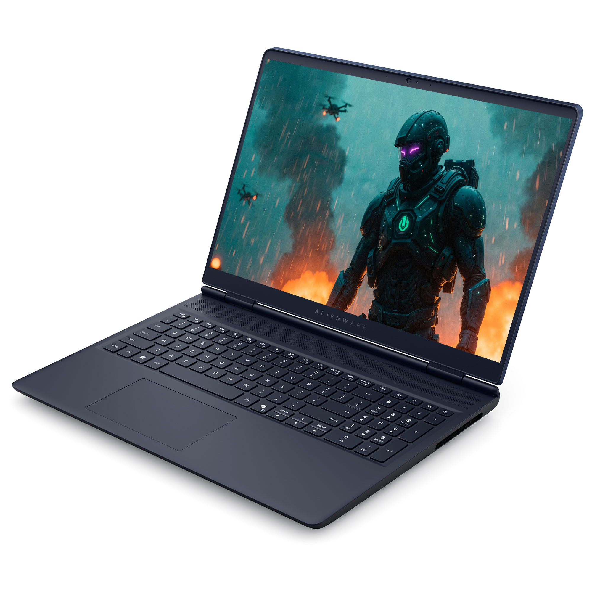 Siyah bir Alienware dizüstü bilgisayar, fütüristik bir asker, dronlar ve arka planda patlamalar içeren bir video oyunu gösteriyor.