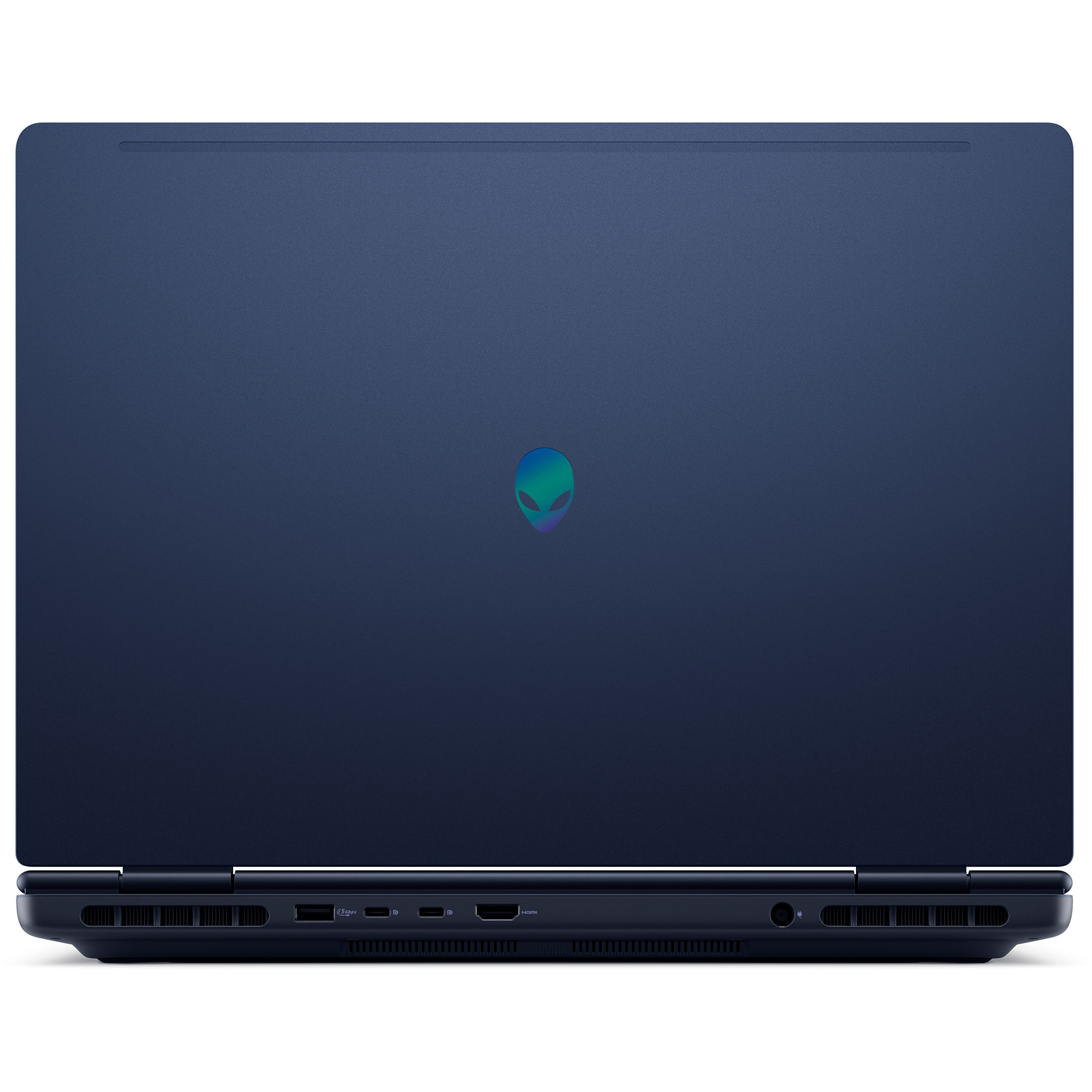 Arkada alien kafa logosu ve bağlantı noktaları olan lacivert laptop.