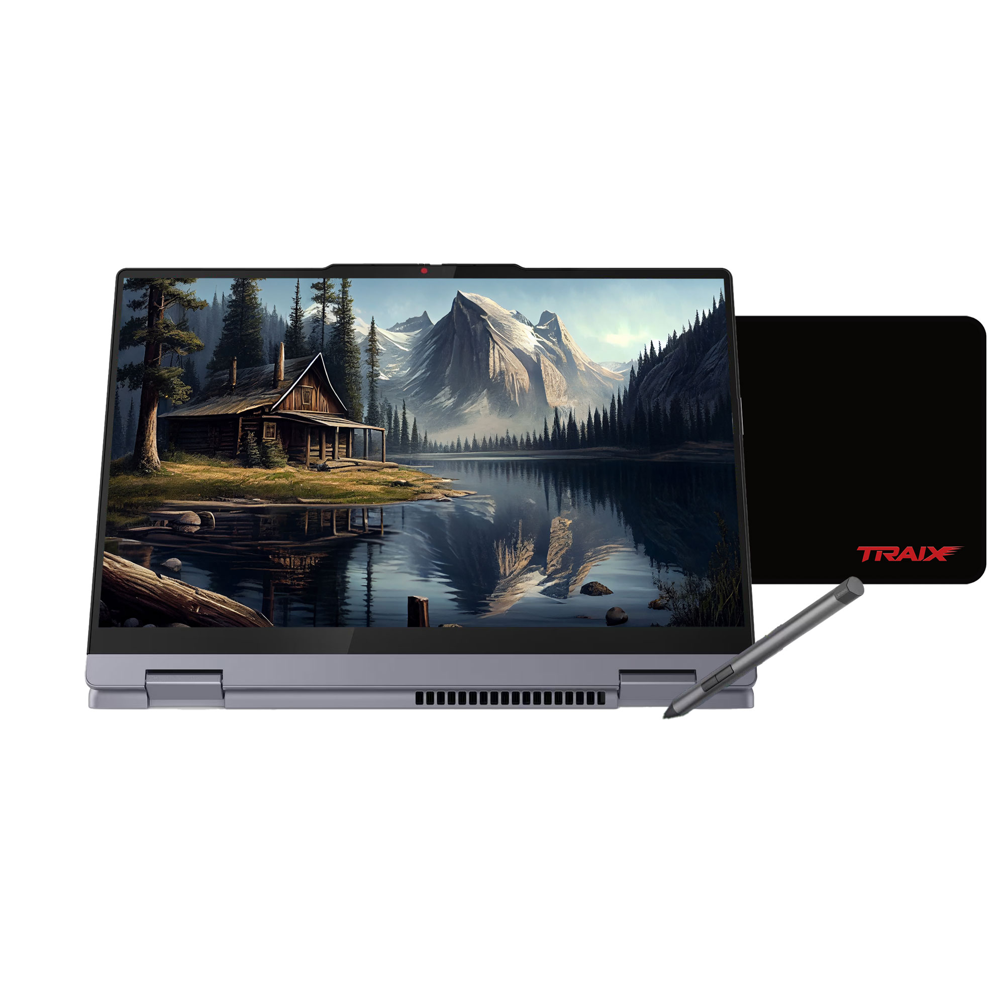 Kalemli bir dizüstü bilgisayar, kulübeli ve göllü bir dağ sahnesi gösteriyor. Yakında siyah bir mouse pad var.