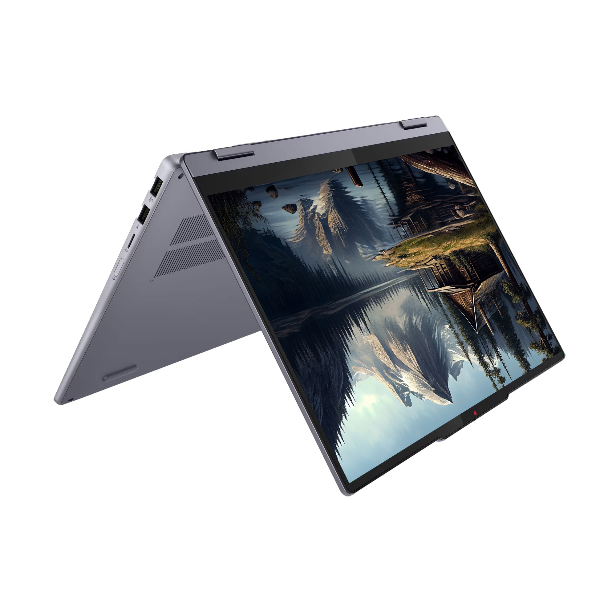 Ekranında dağ manzarası olan gri laptop çadır modunda.