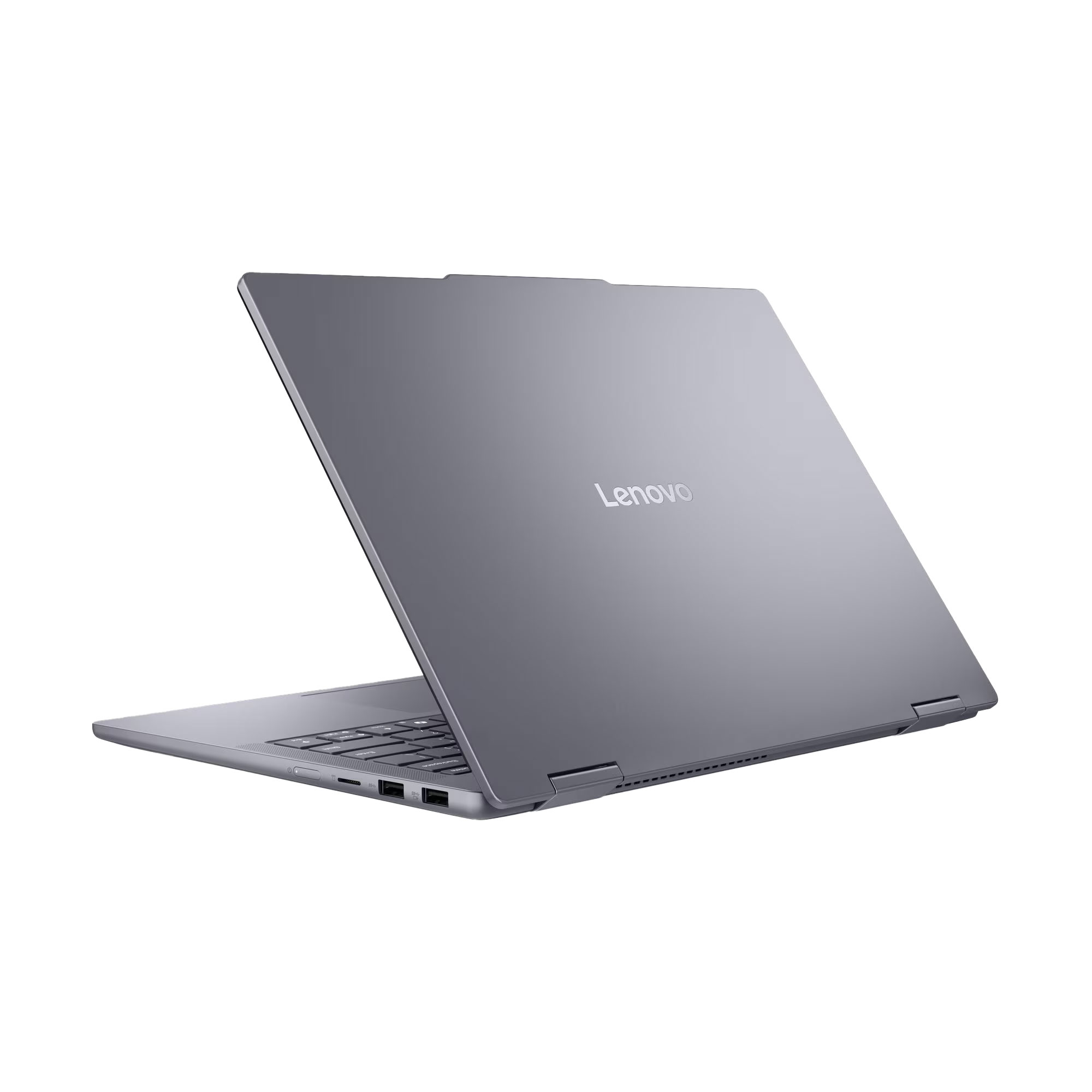 Gri Lenovo dizüstü bilgisayar, hafif açık, kapakta gümüş logo.