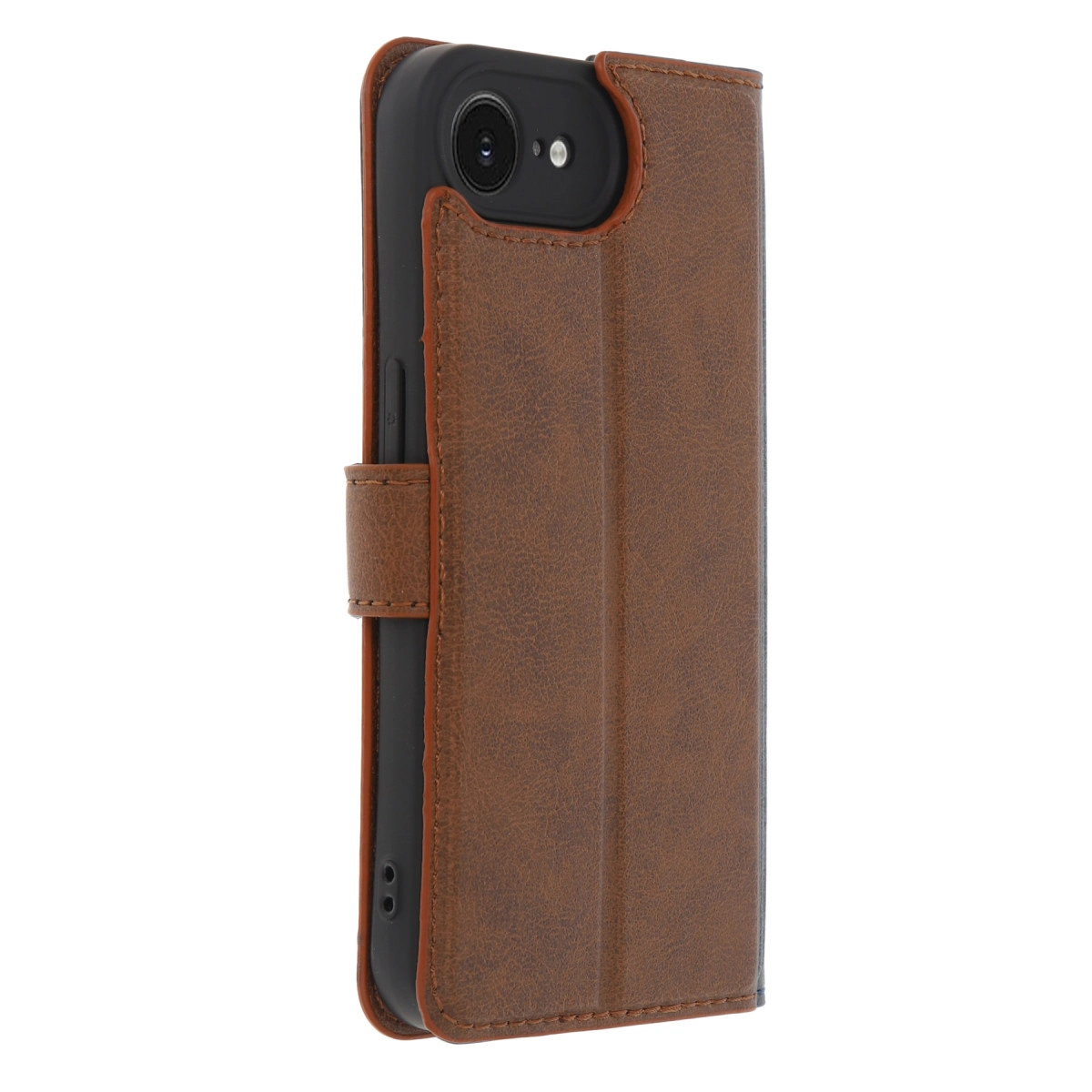 Kamera açıklığı olan kahverengi deri telefon kılıfı.