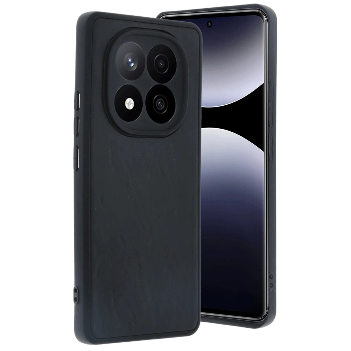 Dokulu siyah bir akıllı telefon kılıfı, siyah ekranlı bir telefonu beyaz bir arka plan üzerinde açılı şekilde kaplıyor.