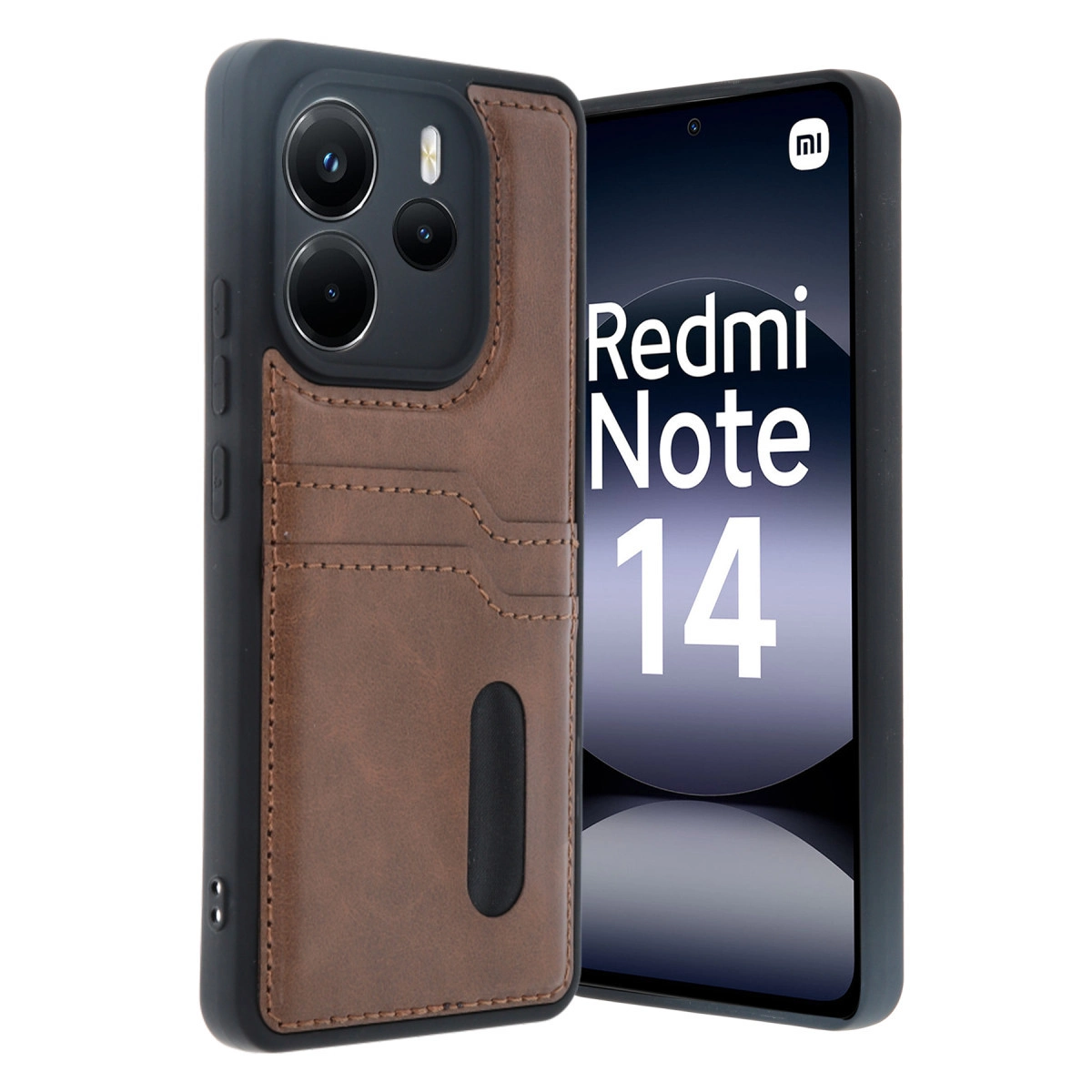 Redmi Note 14 akıllı telefon için kart yuvalı kahverengi deri kılıf.
