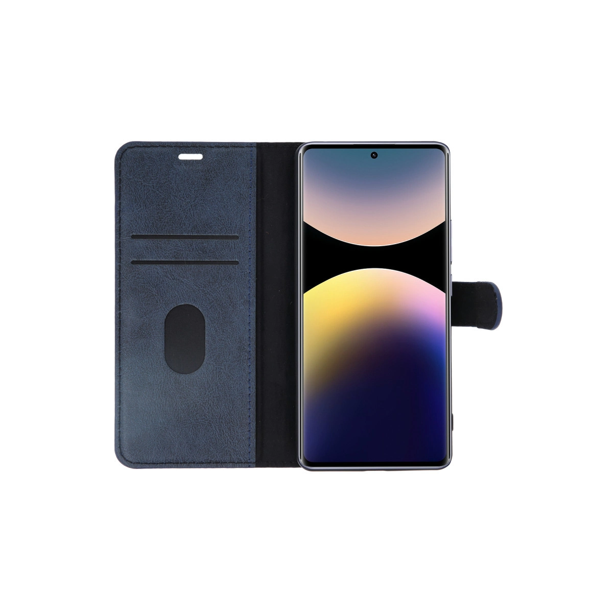 Renkli soyut duvar kağıtlı bir akıllı telefon gösteren açık mavi deri telefon kılıfı.