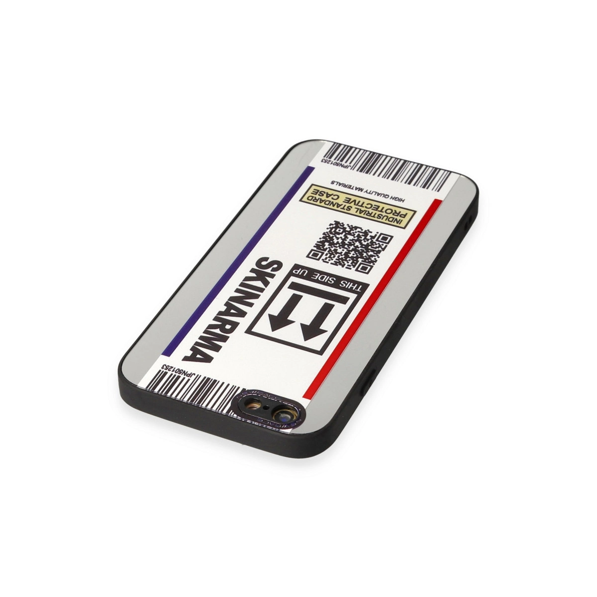Gri telefon kılıfı, "SKINARMA" logosu, barkod ve QR kodlu.
