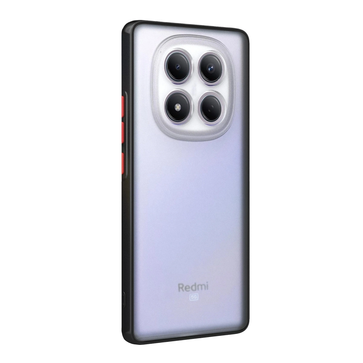 Mor bir telefonda dörtlü kamera kurulumuna sahip şeffaf telefon kılıfı. Redmi logosu görünür.