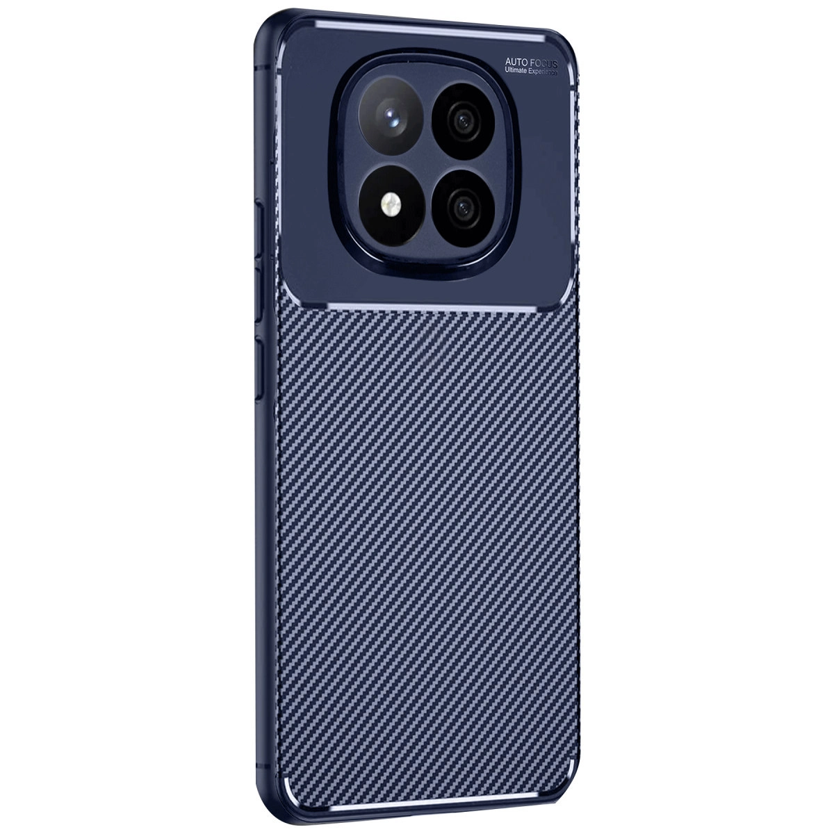Karbon fiber desenli, dörtlü kamera kesimli lacivert telefon kılıfı.