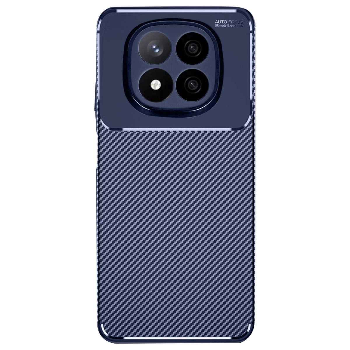 Karbon fiber desenli, dörtlü kamera açıklığına sahip lacivert telefon kılıfı.