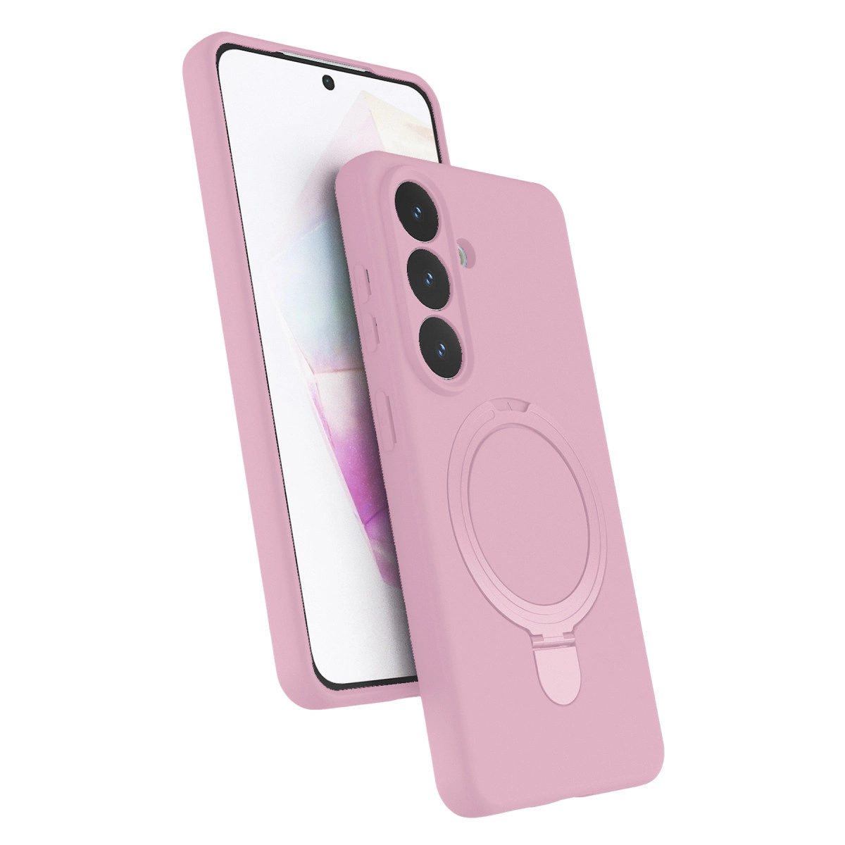 Halka tutuculu ve kamera açıklıklı pembe telefon kılıfı.