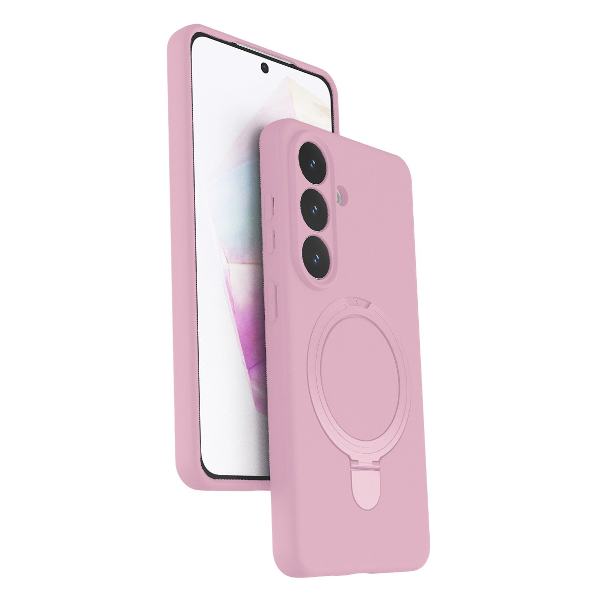 Pembe bir telefon, uyumlu kılıfı ve halka tutucusu ile.