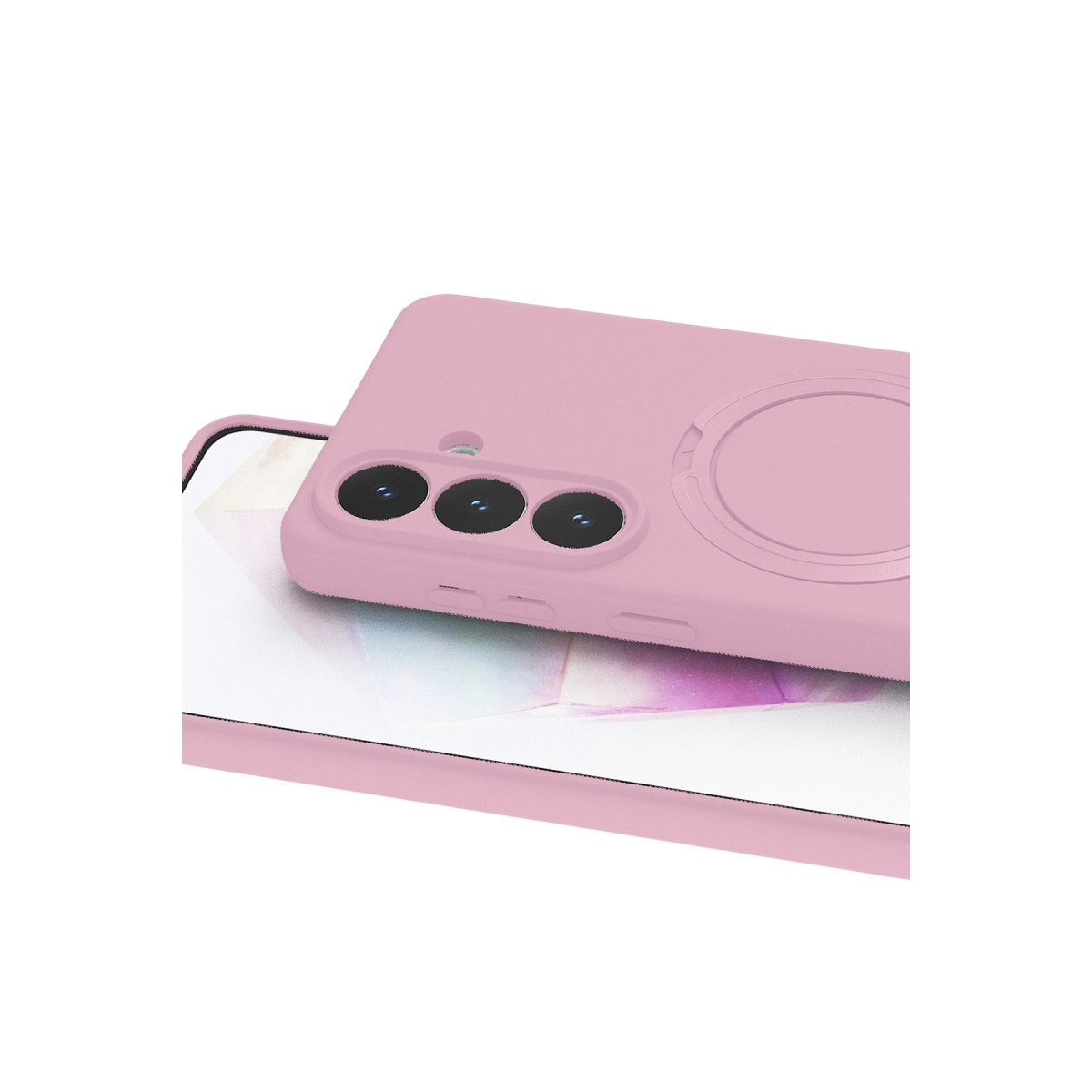 Üç kameralı, halkalı pembe telefon kılıfı beyaz zeminde.