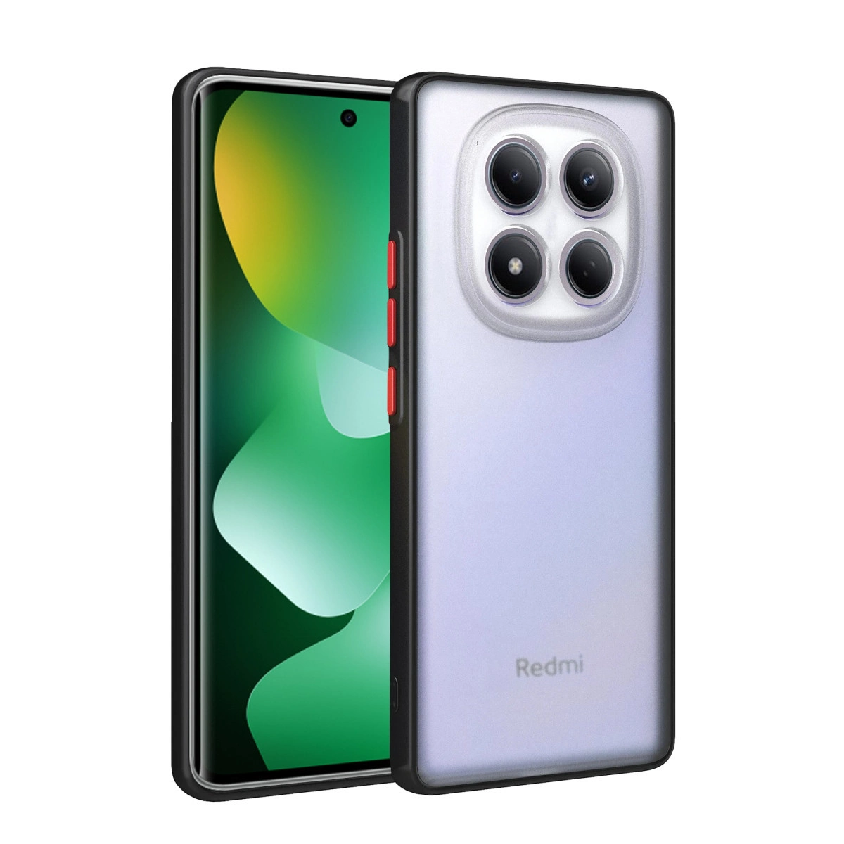 Şeffaf telefon kılıfı, dört kameralı akıllı telefonu ve Redmi logosunu kaplar.