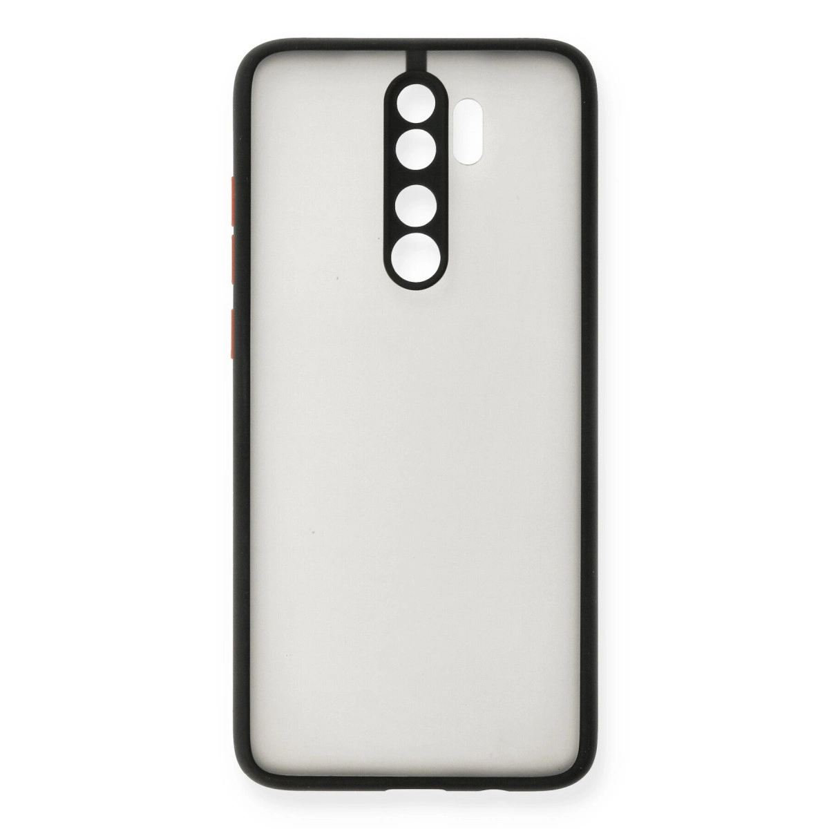 Siyah çerçeveli ve kamera kesimli şeffaf telefon kılıfı.