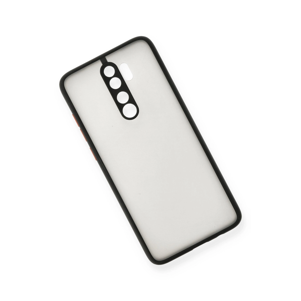 Beyaz arka plan üzerinde siyah kenarlı ve kamera kesimli şeffaf telefon kılıfı.