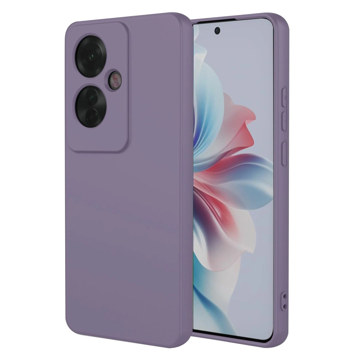 Ekranında çiçekli duvar kağıdı olan mor bir telefon ve kılıfı.