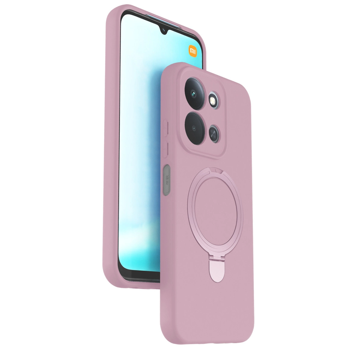 Halka standlı pembe bir telefon kılıfı, Xiaomi logolu bir akıllı telefon ekranını kısmen kapatıyor, beyaz bir arka plan üzerinde.