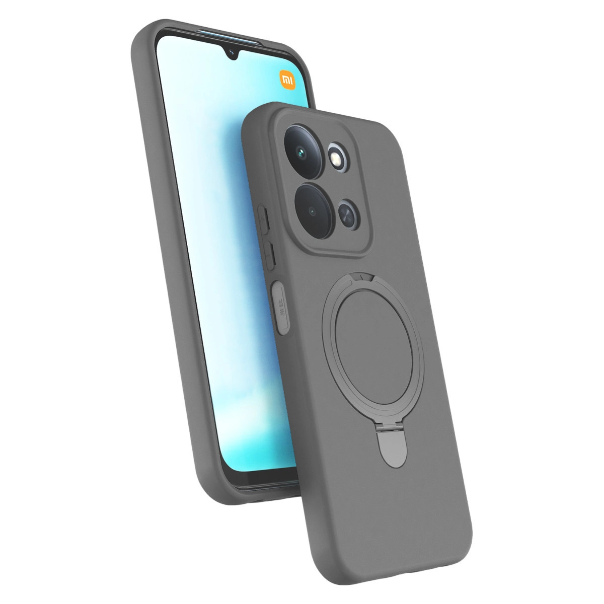 Beyaz arka plan üzerinde halka tutuculu ve kamera lensli gri telefon kılıfı.