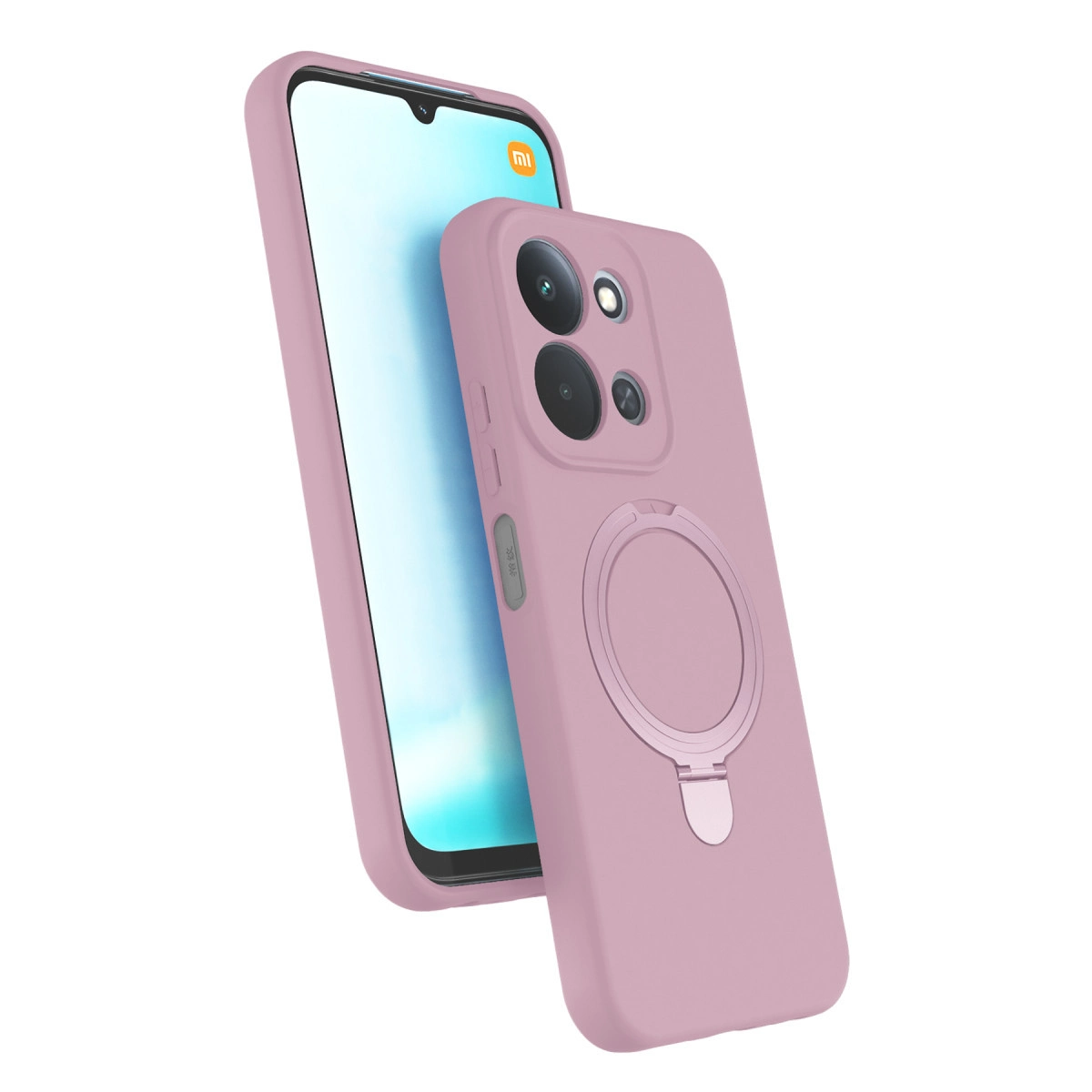 Arkasında dairesel bir stand bulunan pembe bir akıllı telefon kılıfı, açık mavi ekranlı bir telefonu kısmen kaplıyor.