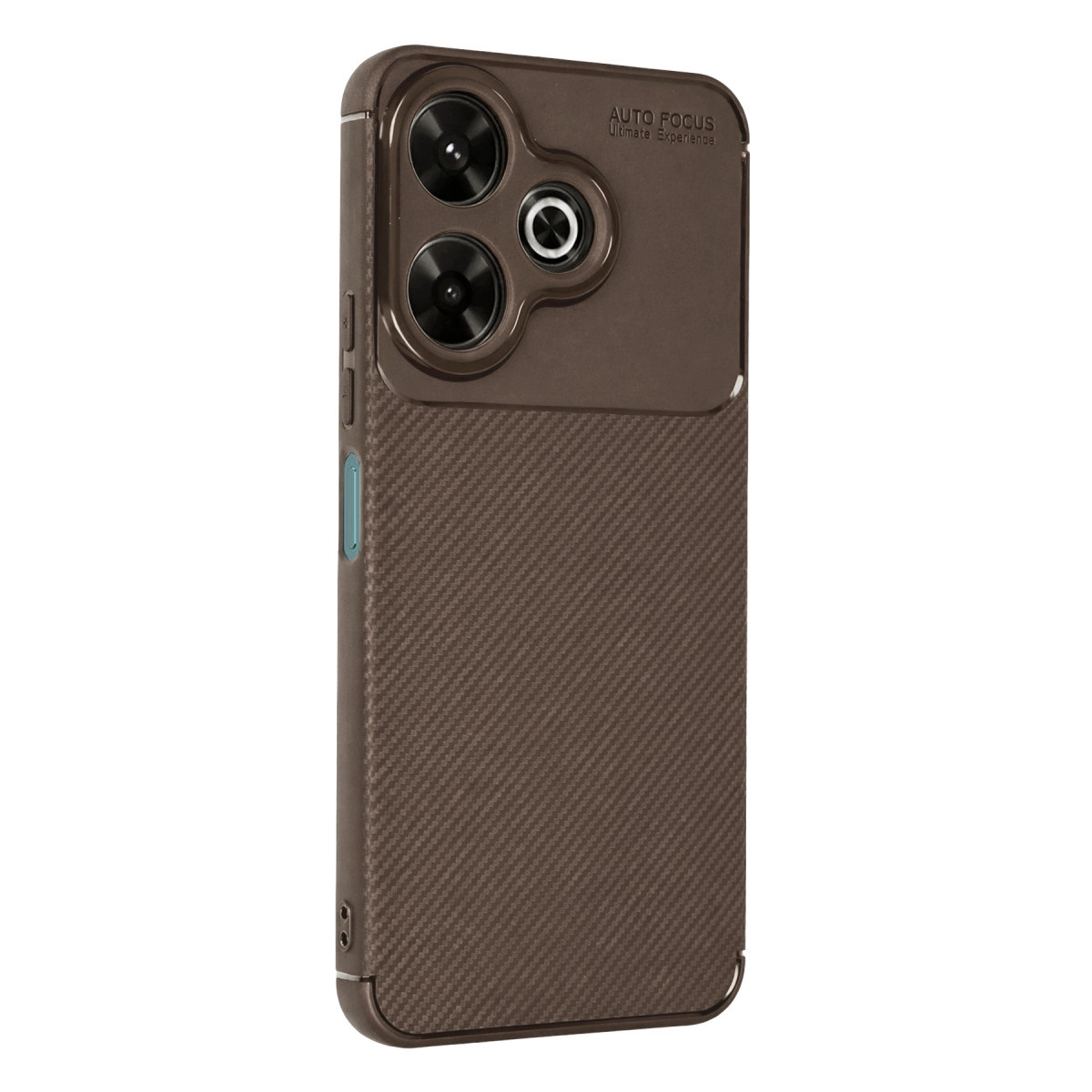 Karbon fiber dokulu, üçlü kamera lensli koyu kahverengi telefon kılıfı.