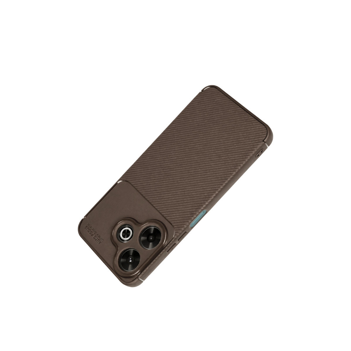 Üç lensli kamera çıkıntısına sahip kahverengi dokulu telefon kılıfı.