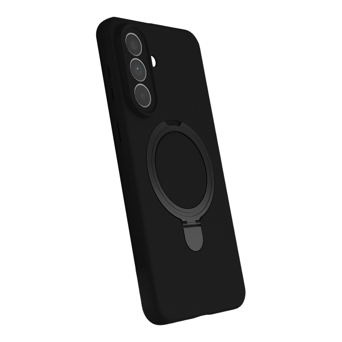 Üçlü kamera lensli ve halka standlı siyah telefon kılıfı.