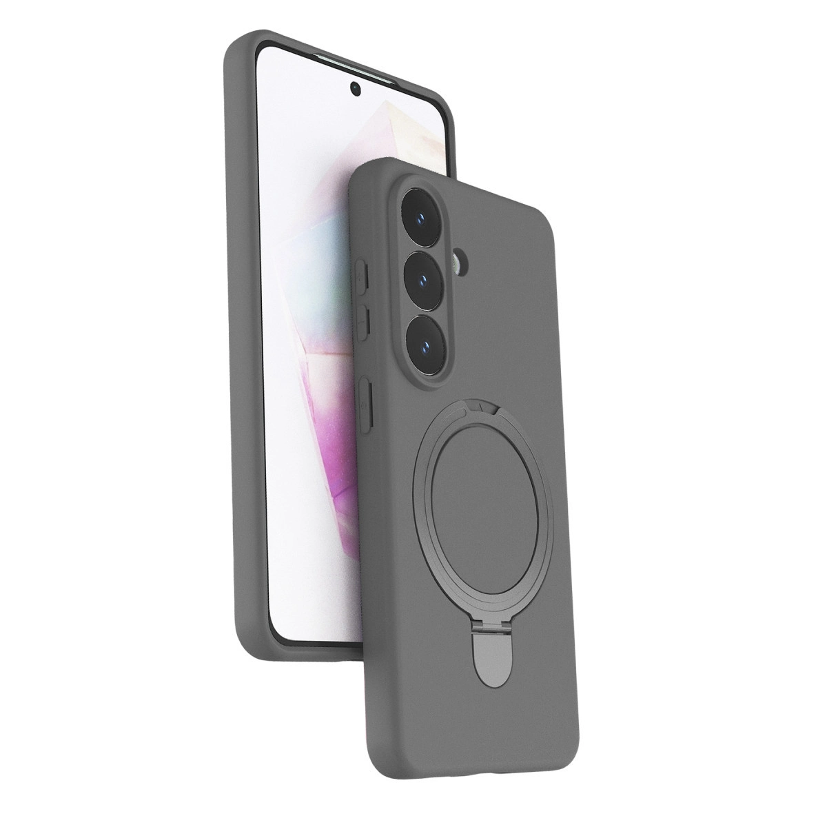 Dairesel standlı gri bir akıllı telefon kılıfı gösterilmiştir. Kılıf açılıdır ve telefon ekranının bir kısmını ortaya çıkarmaktadır.