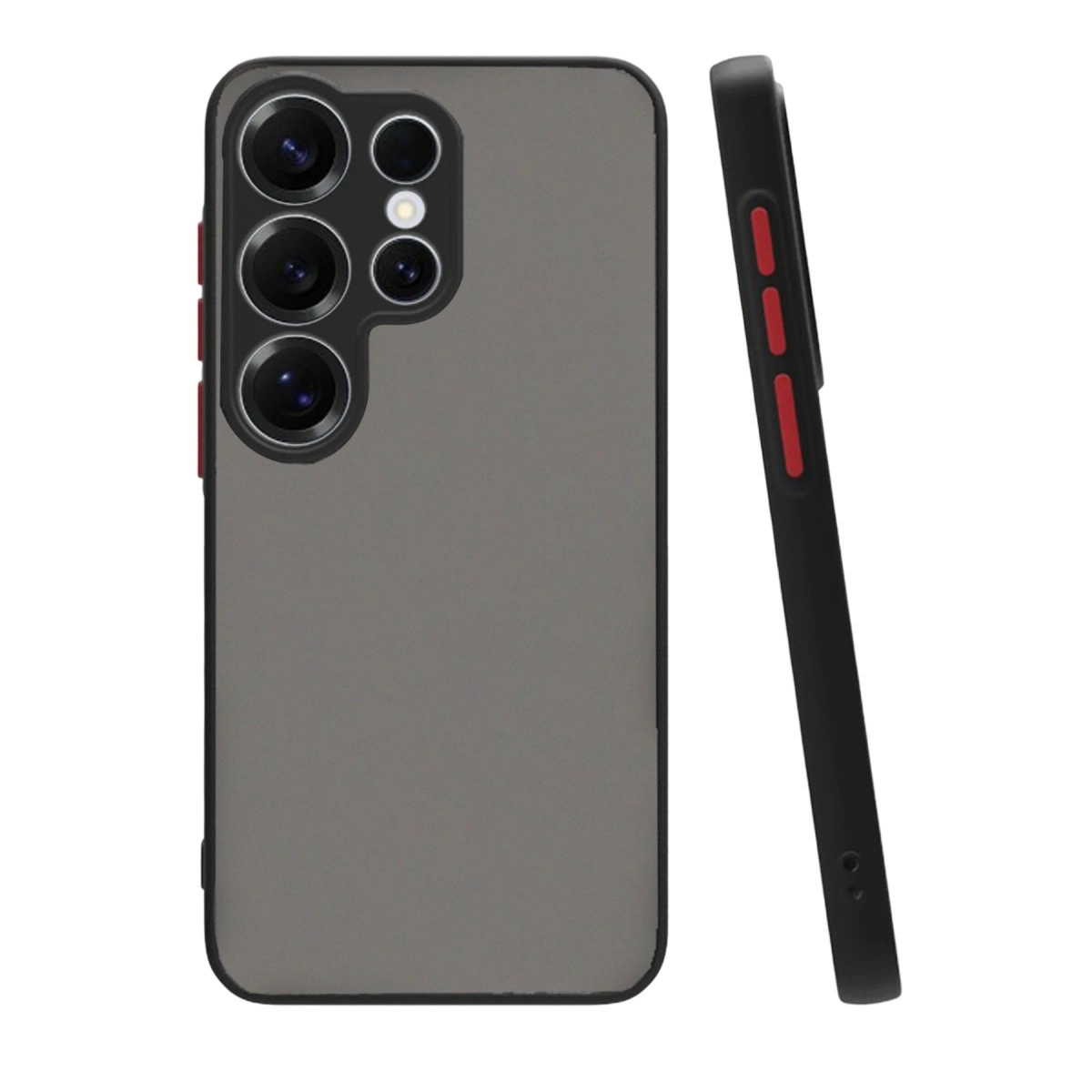 Gri arka ve kırmızı vurgulu düğmeli siyah telefon kılıfı. Arka kısımda kamera lensleri görünüyor.