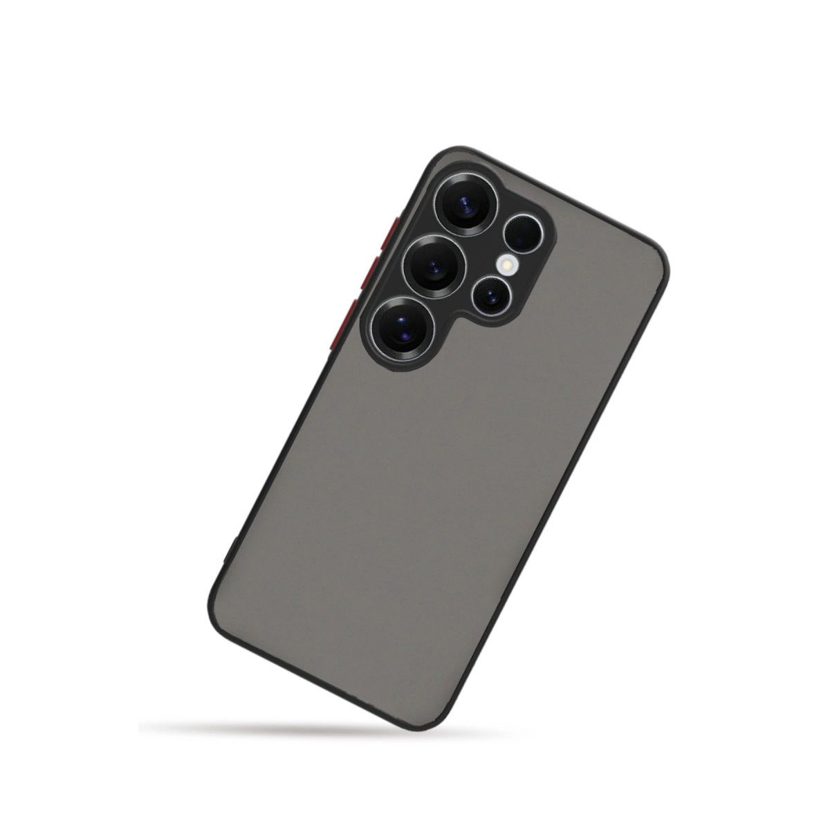 Kamera lensli gri telefon kılıfı, kırmızı vurgu şeritli.