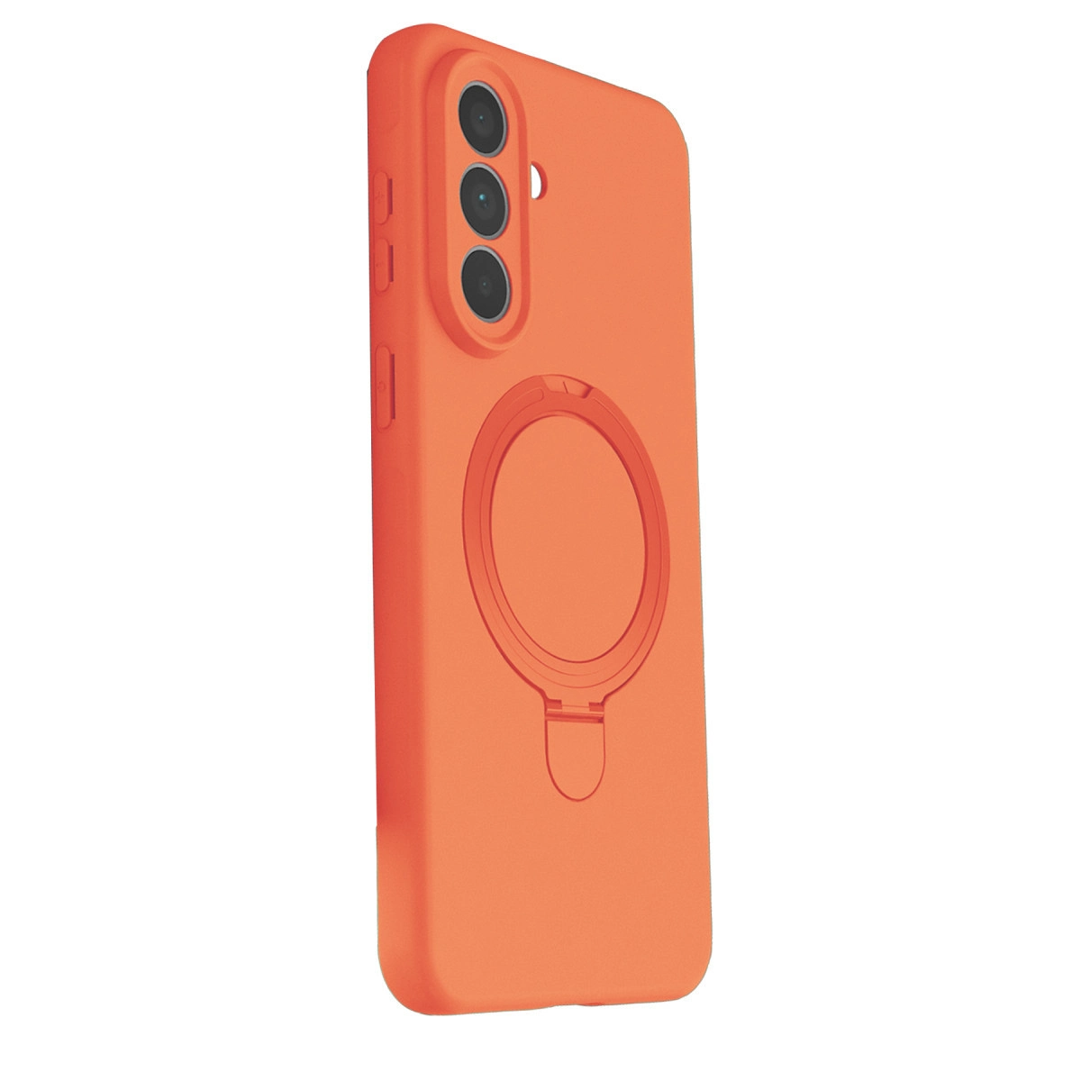 Halka tutuculu ve üç kamera lensli turuncu telefon kılıfı.