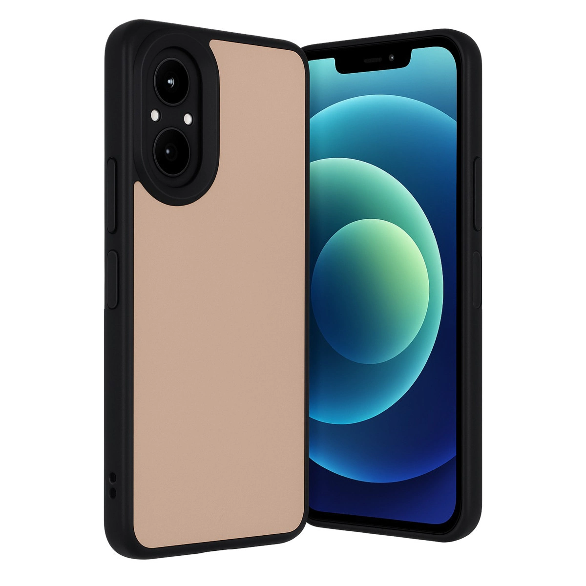 Siyah çerçeveli bej bir telefon kılıfı, beyaz bir arka plan üzerinde, mavi ekranlı siyah bir akıllı telefonu kısmen kapatarak gösteriliyor.