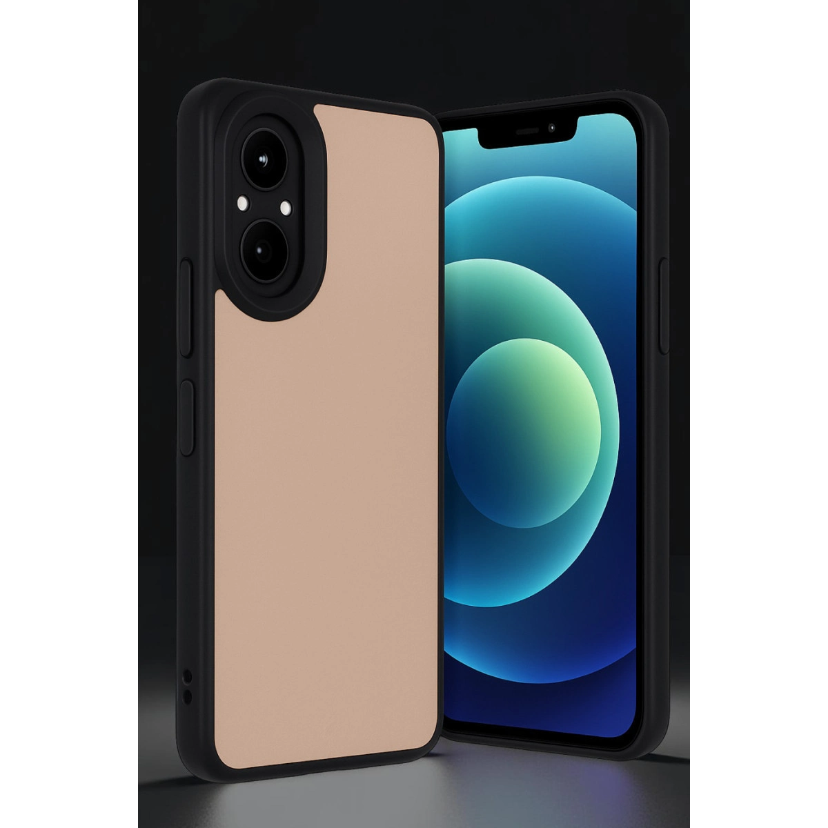 Siyah kılıflı bronz renkli telefon, mavi arka planlı bir akıllı telefonun yanında duruyor.