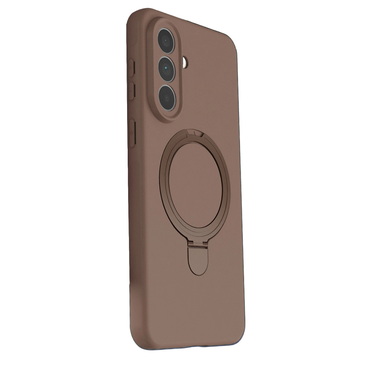Arkası halka standlı kahverengi bir telefon kılıfı, beyaz bir arka plan üzerinde açılı bir şekilde gösteriliyor.