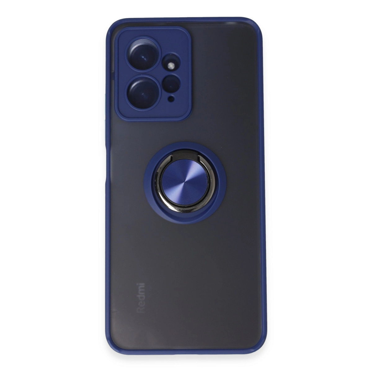 Arkada gümüş halka standı bulunan koyu mavi telefon kılıfı.