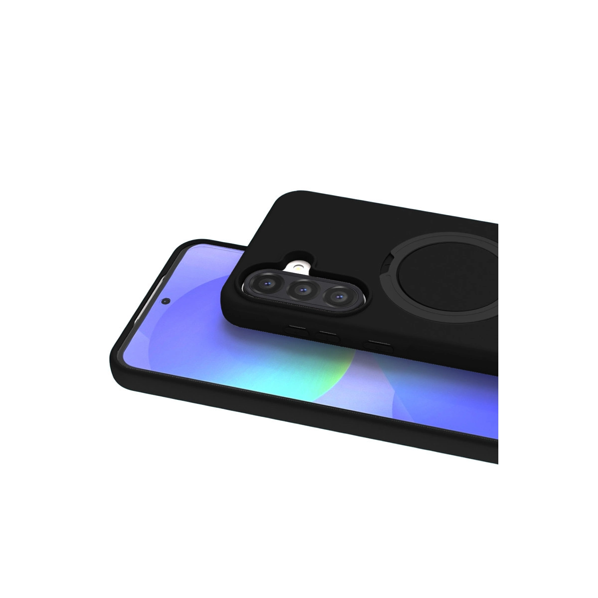 Üç kameralı ve halka tutuculu siyah telefon, beyaz arka plan üzerinde.