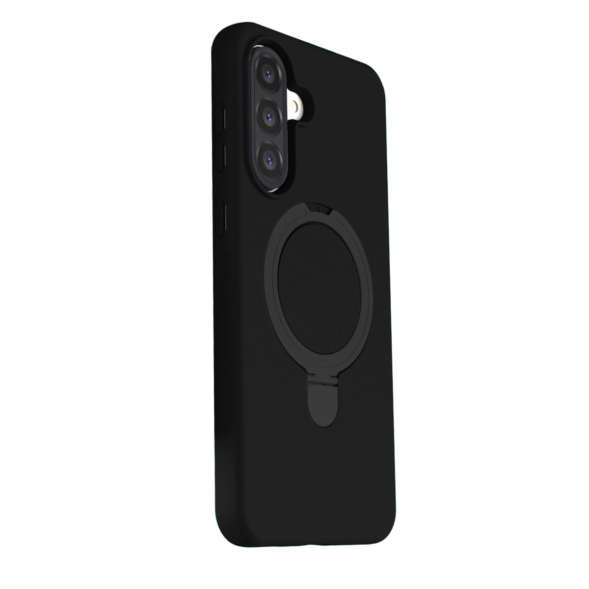 Arkada üç kamerası ve halka tutucusu olan siyah telefon kılıfı.