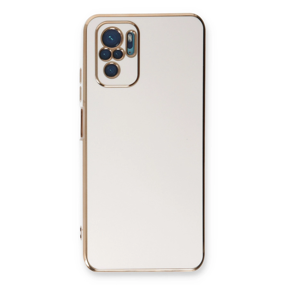 Altın çerçeveli ve kamera modüllü beyaz telefon kılıfı.
