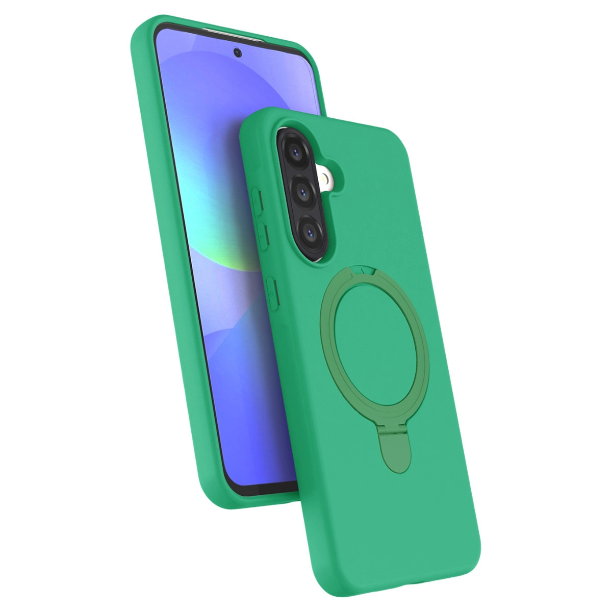 Halka tutuculu ve üç kamera lensli yeşil telefon kılıfı, akıllı telefonda.