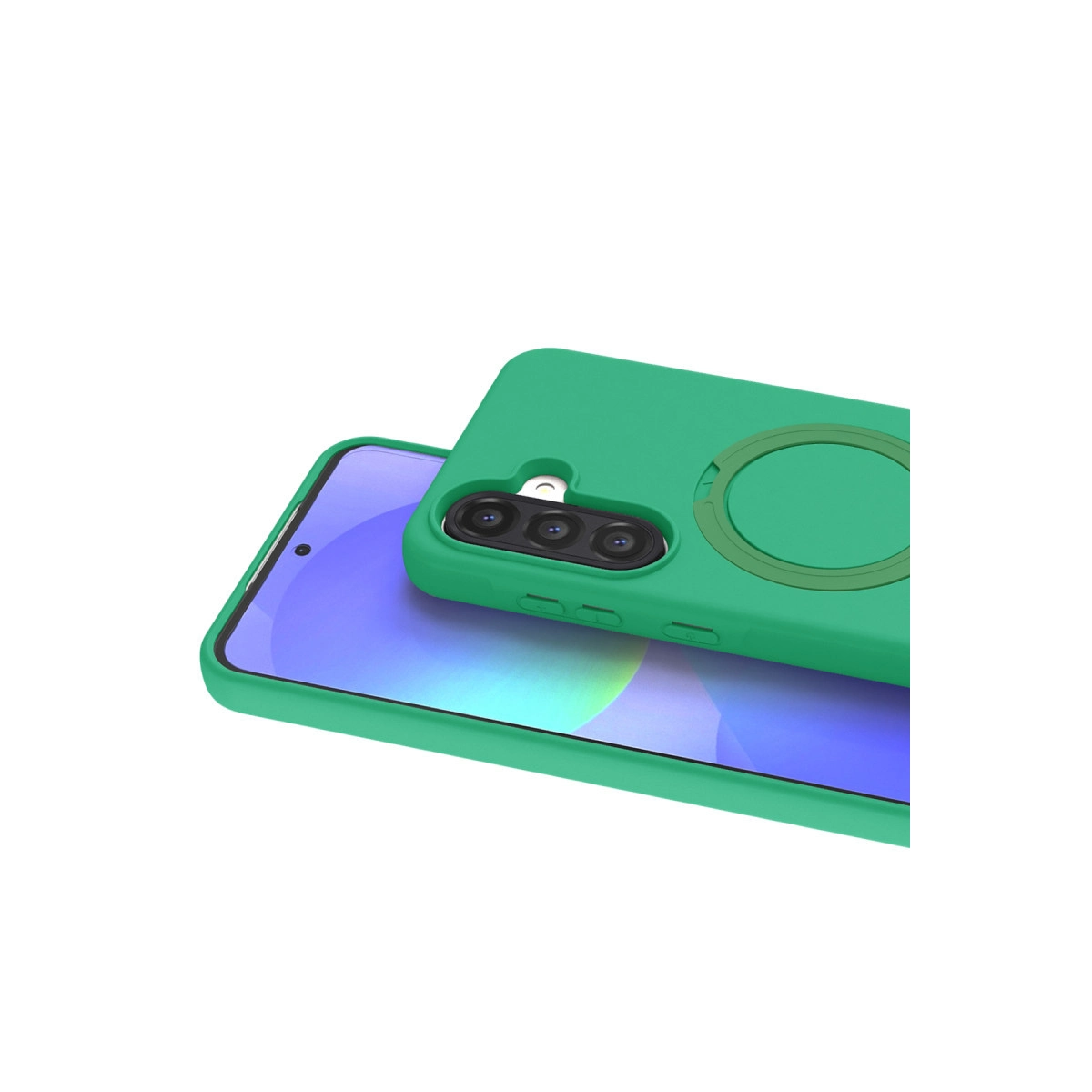 Akıllı telefonda üçlü kamera ve halka tutuculu yeşil telefon kılıfı.