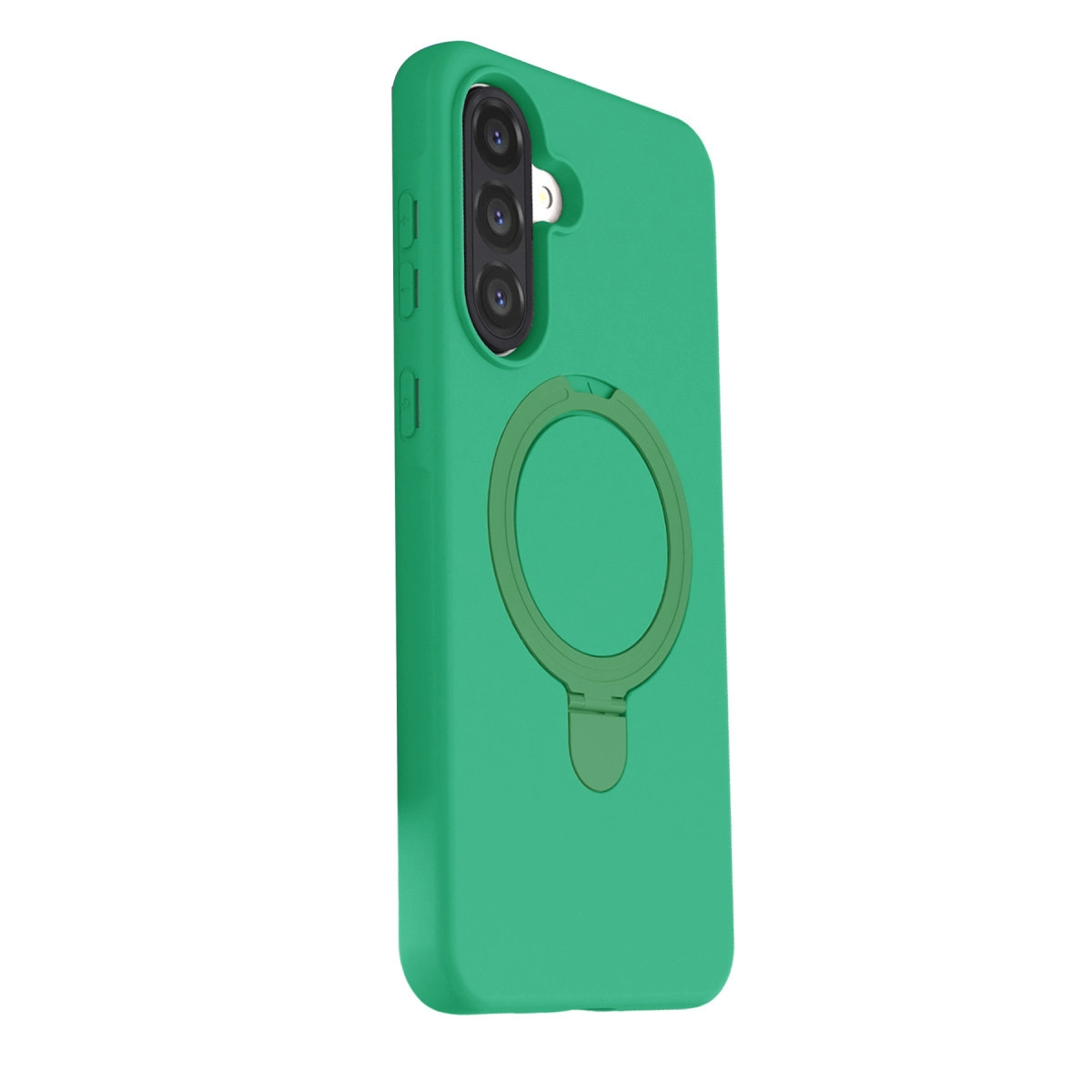 Halka tutuculu ve üç kamera lensli yeşil telefon kılıfı.