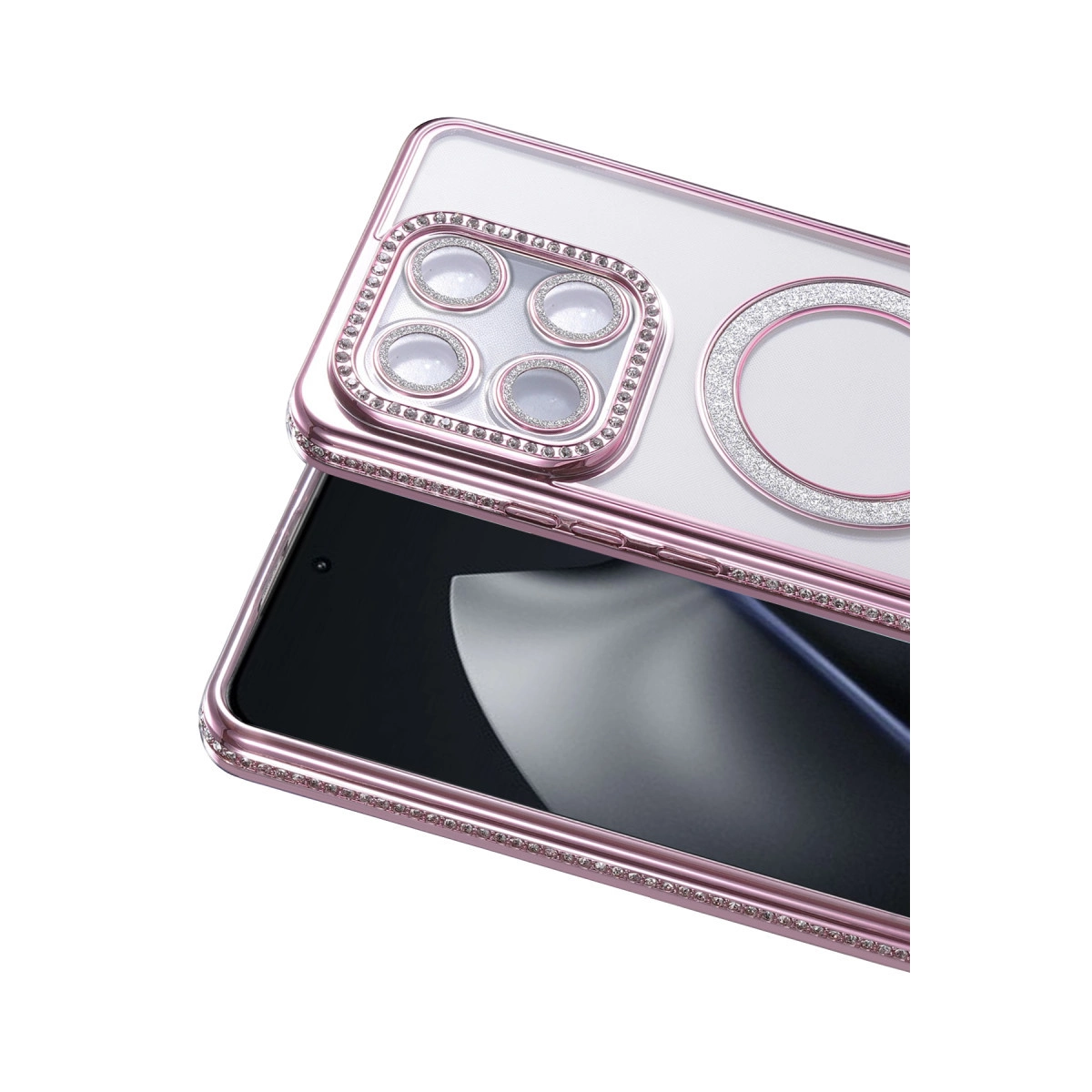 Telefonun üzerinde, kamera ve yanlarında taşlarla süslenmiş rose altın rengi telefon kılıfı.