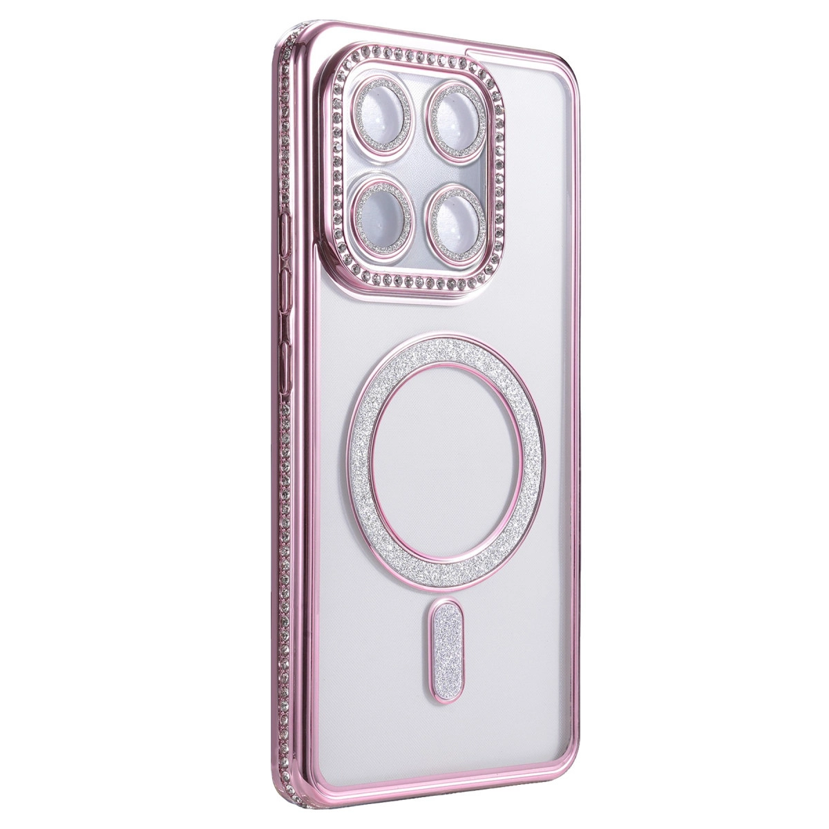 Kamera ve MagSafe halkası çevresinde sim detaylı pembe telefon kılıfı.