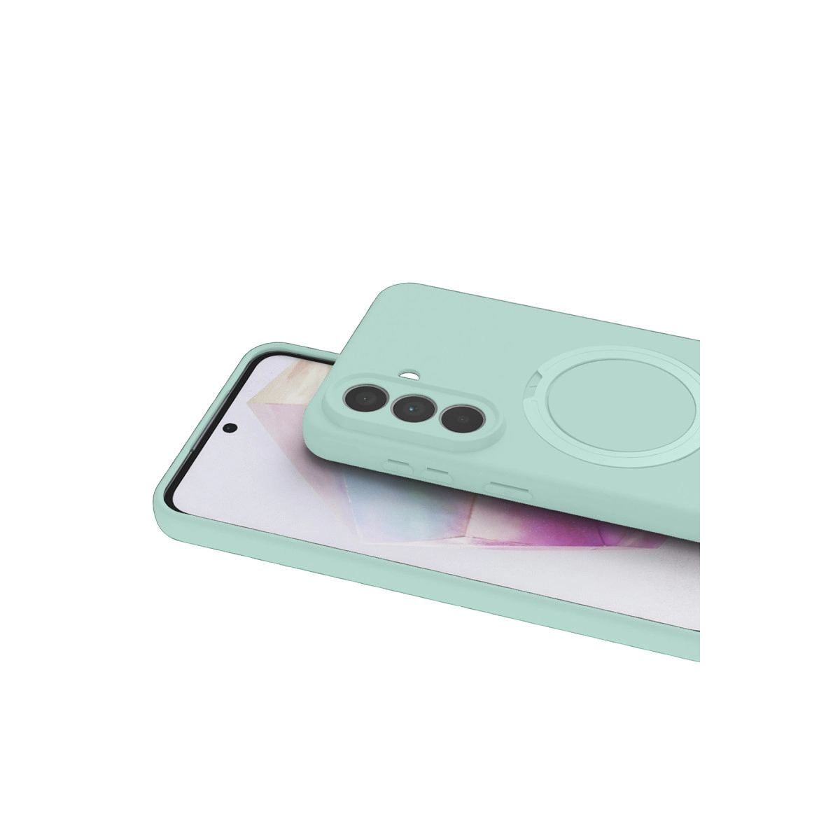 Halka tutuculu nane yeşili telefon kılıfı bir akıllı telefonun üzerinde duruyor.
