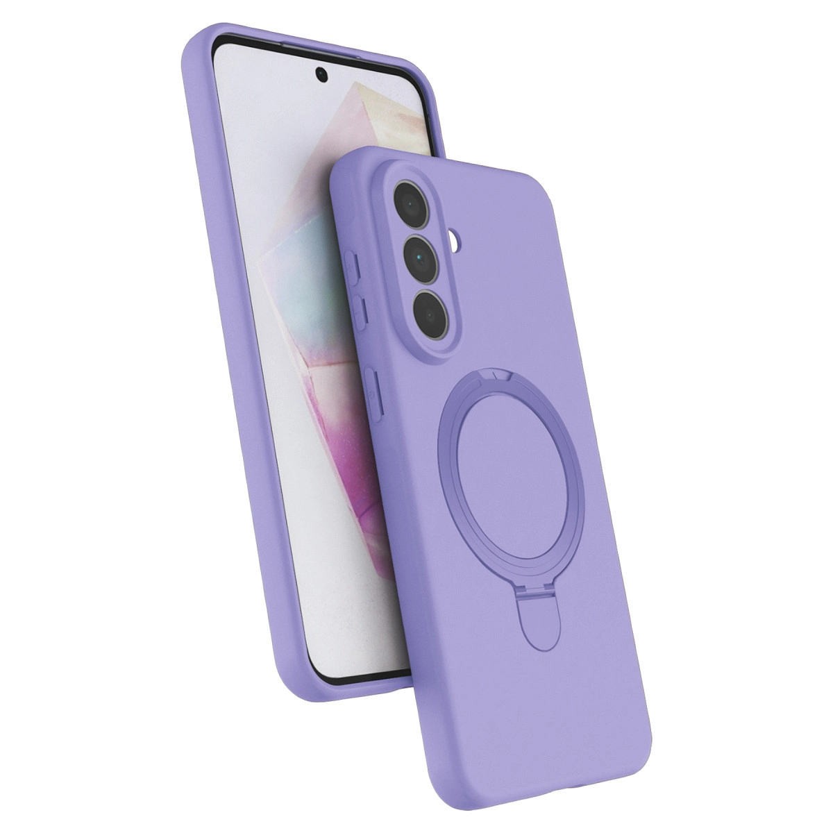 Entegre halka tutuculu mor bir telefon kılıfı, bir akıllı telefonun üzerinde.