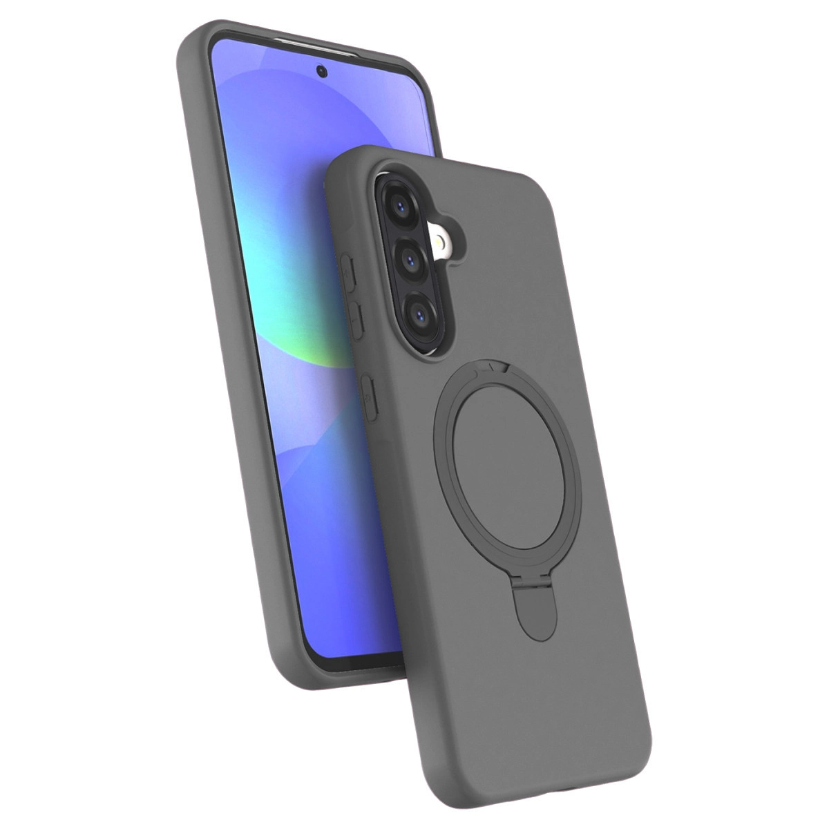 Halka tutuculu ve üçlü arka kameralı gri telefon kılıfı.
