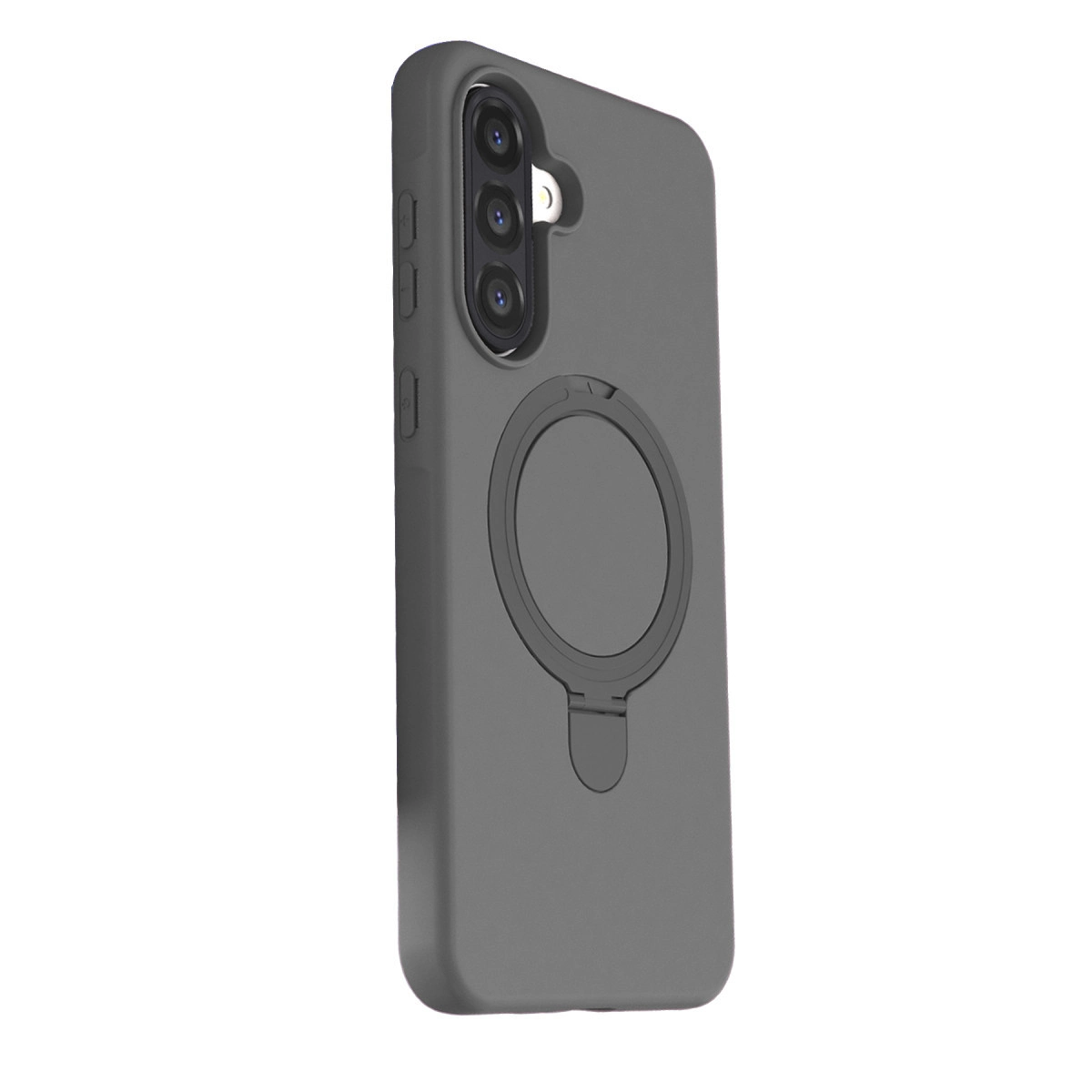 Arkada üç kamera lensi ve halka tutucu bulunan gri telefon kılıfı.