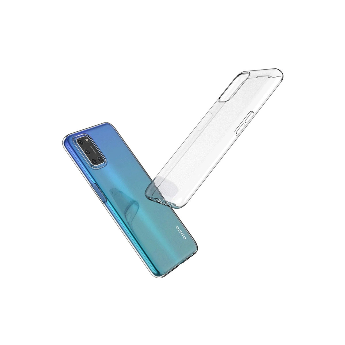 Yanında şeffaf kılıfı olan mavi bir OPPO telefon.