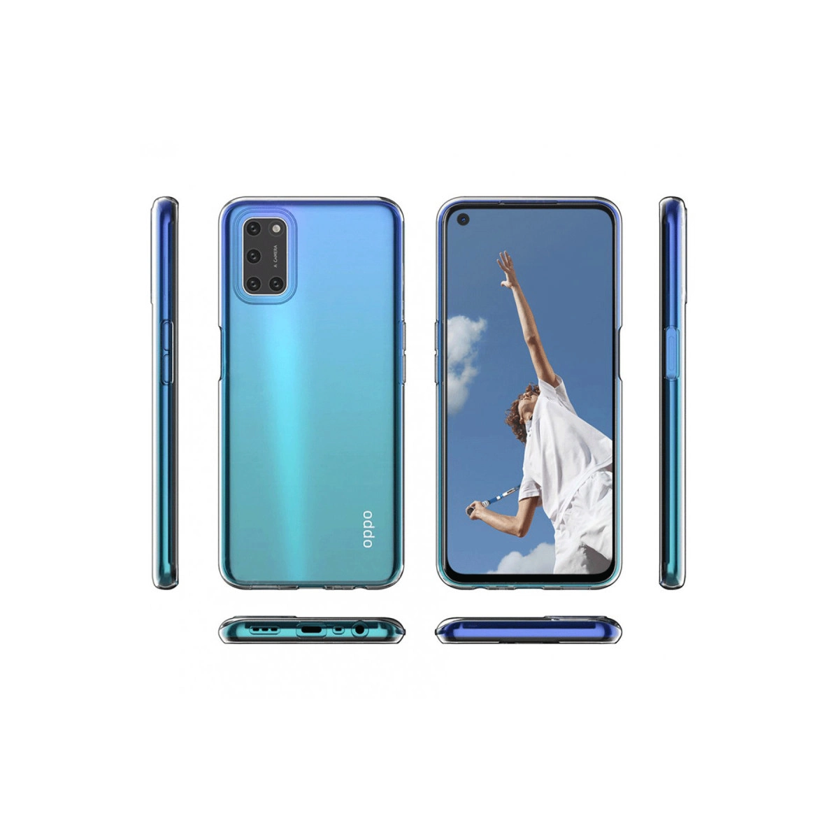 Ekranda tenisçi olan mavi bir OPPO telefonun çeşitli açılardan görünümü.