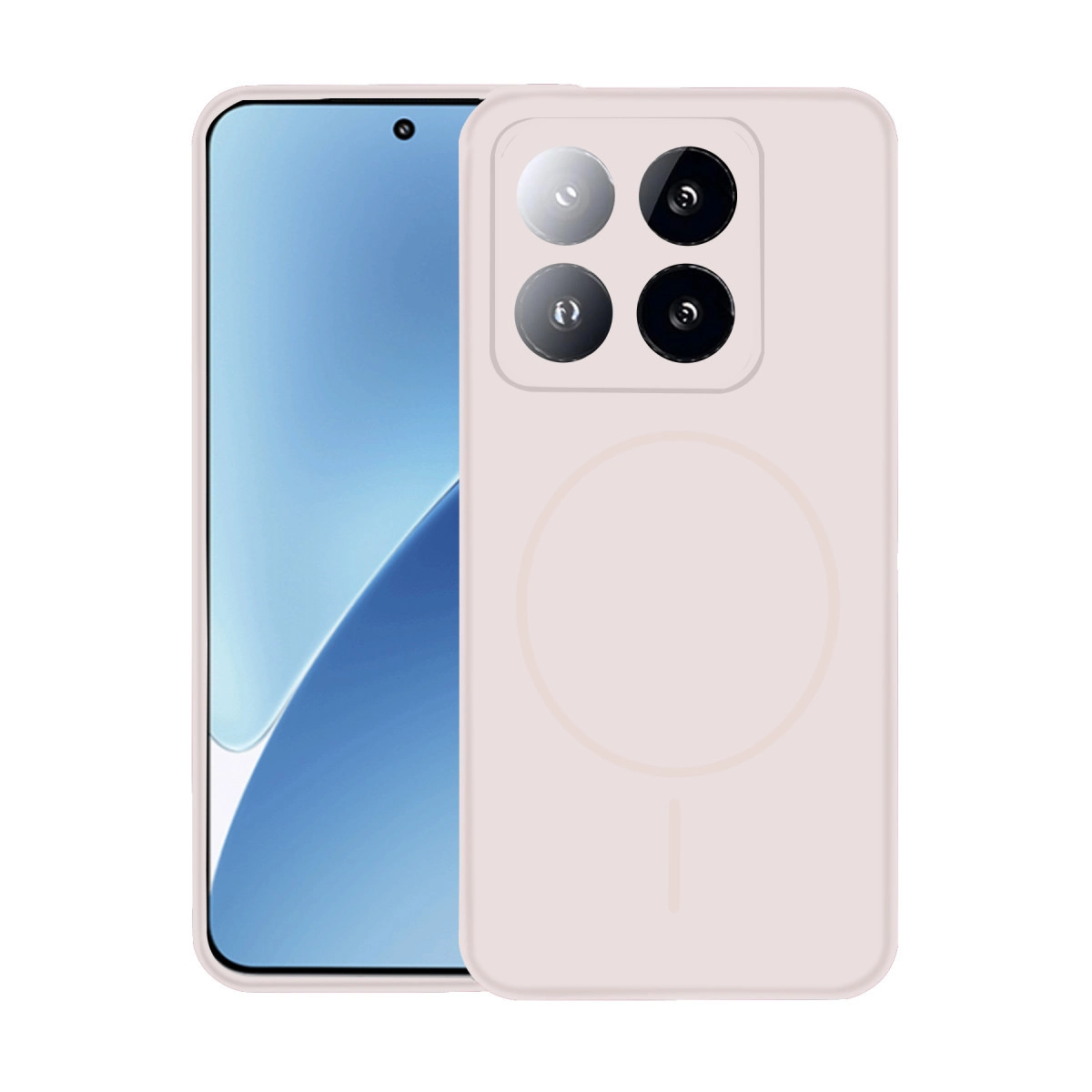 Arkada dört kamerası ve mavi ekranı olan açık pembe akıllı telefon.